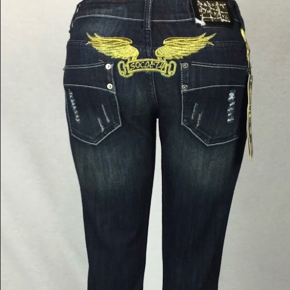 indigo Women’s jeans hand sanded decorative rips low cut slim stretch Society - Picture 1 of 10